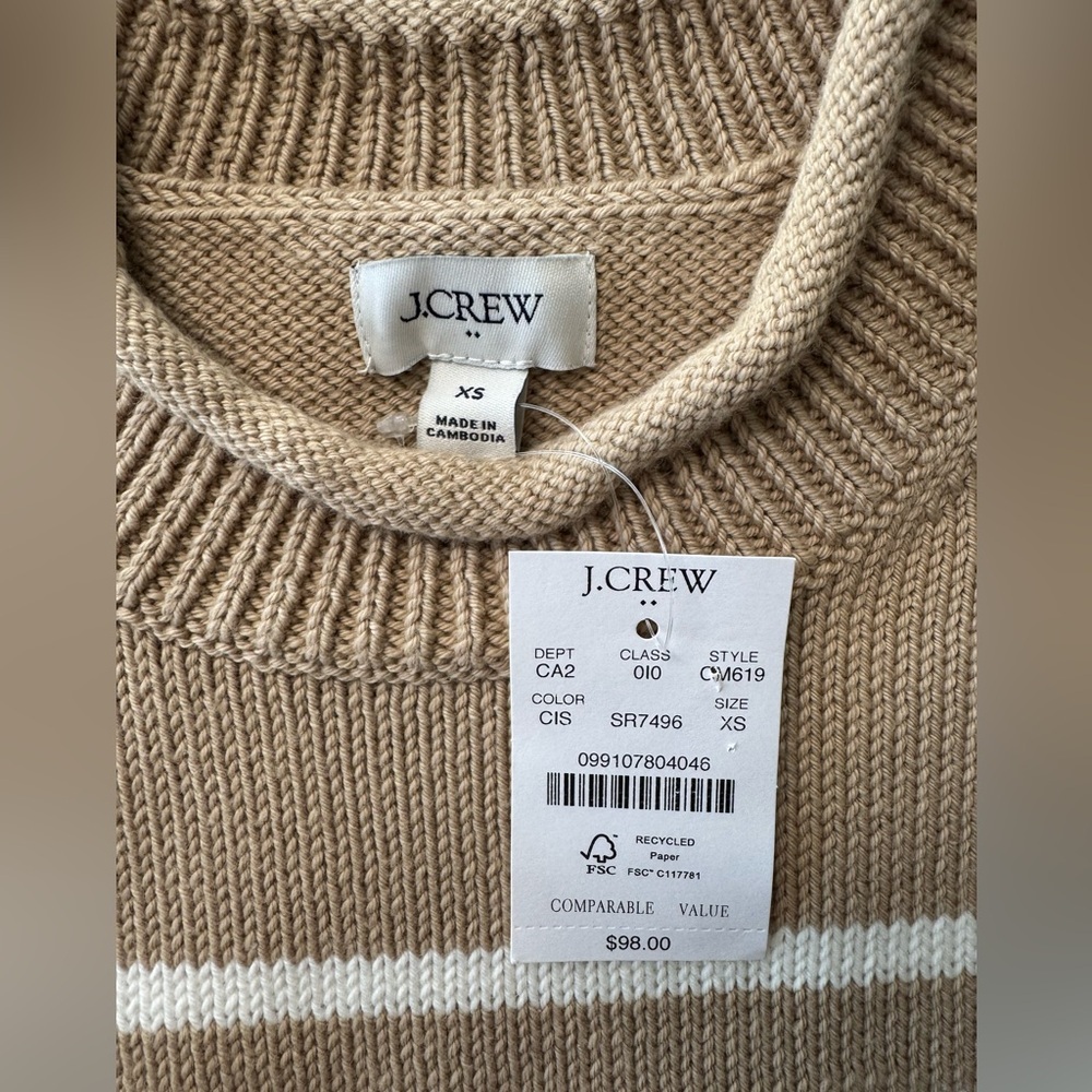 NWT J. Crew Factory Women’s XS Striped Classic Mockneck Sweater Tan/White - Picture 4 of 4